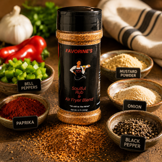 A bottle of Favorine's Soulful Rub & Air Fryer Blend seasoning stands centered on a rustic wooden surface, surrounded by small bowls of spices and vegetables including bell peppers, paprika, mustard powder, onion, black pepper, garlic, and a striped cloth.